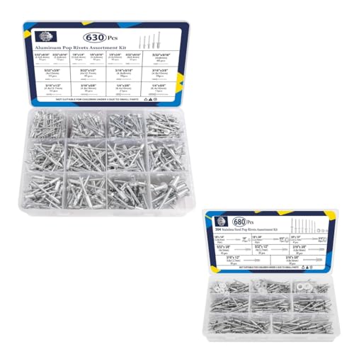 ZQZ 680Pcs Stainless Steel Pop Rivets Assortment Kit + ZQZ 630Pcs Aluminum Pop Rivets Assortment Kit