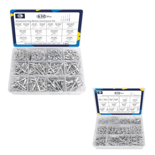 ZQZ 970Pcs Aluminum Pop Rivets with Washer Assortment Kit + ZQZ 630Pcs Aluminum Pop Rivets Assortment Kit