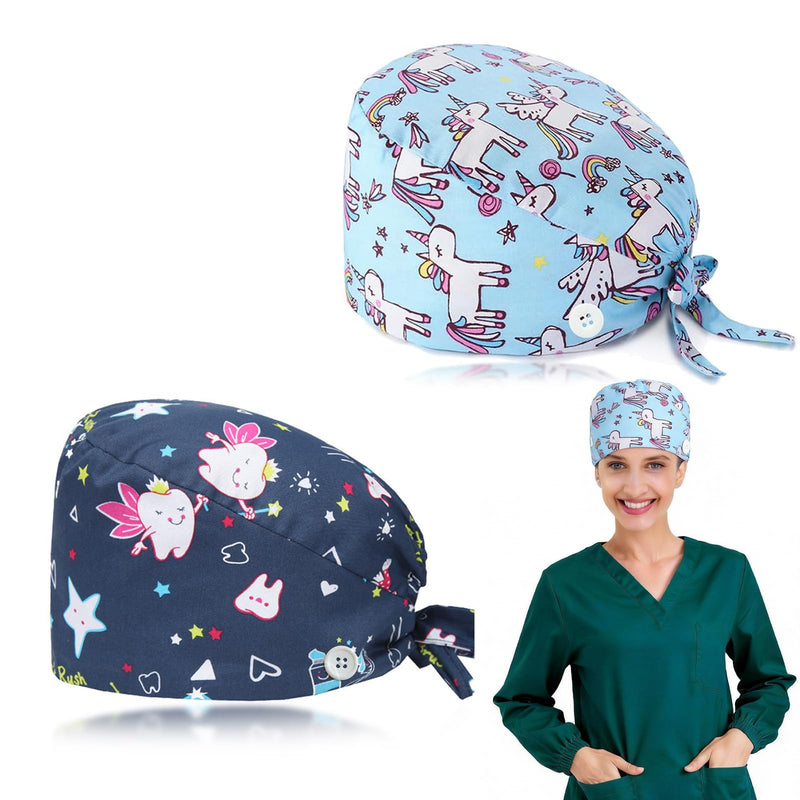 Pack of 2 Surgical Caps, Fabric Print, Unisex Nurse Cap | Adjustable Work Cap with Sweatband Headwear for Nurses Dentists Doctors (Unicorn, Teeth) light blue
