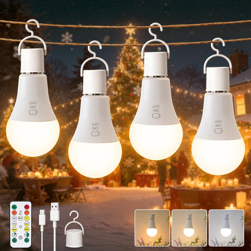Ketom Pack of 4 Light Bulbs with Remote Control, E27, Rechargeable Bulb, Dimmable | Rechargeable light bulb with timer function, 3 colors, button control, 7W Wireless Decorative Lamp Bulb Emergency Light Camping 3 Colors, 4 Pieces
