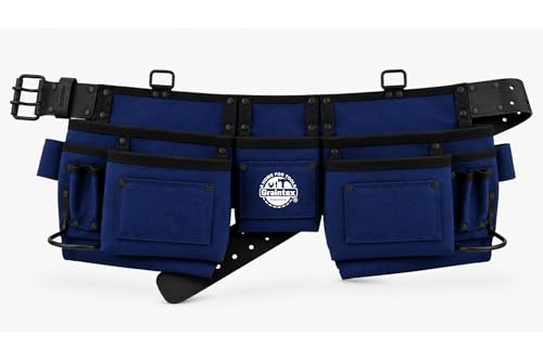 Graintex 11 Pocket Professional Tool Belt/Tool Bag, Ripstop Canvas Double Layered, Leather Trims, 2” Leather/Webbing Belt, 2 Hammer Holders for Construction, Framers, Carpenters (Navy Blue) Navy Blue