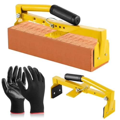 Adjustable Heavy Duty Brick Tongs Set Heavy Duty Block Tongs with Rubber Pad Handle and Work Gloves Adjustable 9-13.7 Inches Paver Tool for Bricks Lifting Carrying (Yellow) Yellow