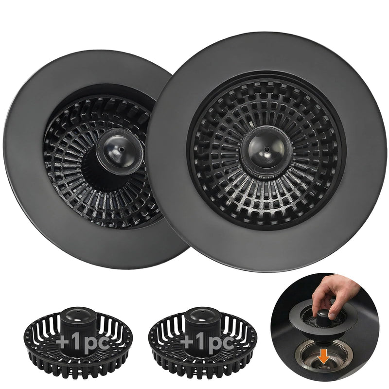 Kitchen Sink Stopper, 3 in 1 Pop Up Kitchen Sink Drain Strainer, with an Extra Basket Strainer, Sink Drain Stopper for US Standard 3-1/2 Inch, Brass Material Electroplate (Black 2pcs) Black 2pcs
