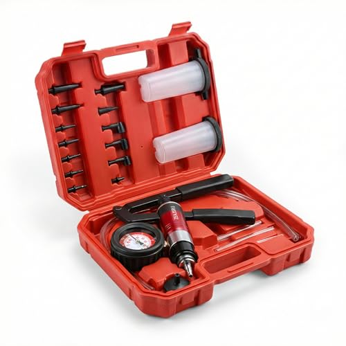 Handheld Vacuum Pump Brake Bleeder Kit, Multi-Functional Vacuum & Pressure Tester Set with Gauge, Hoses, Adapters and Fluid Reservoirs, for Automotive Brake, Clutch and Fluid Extraction ((23PC-Red)) (23PC-Red)