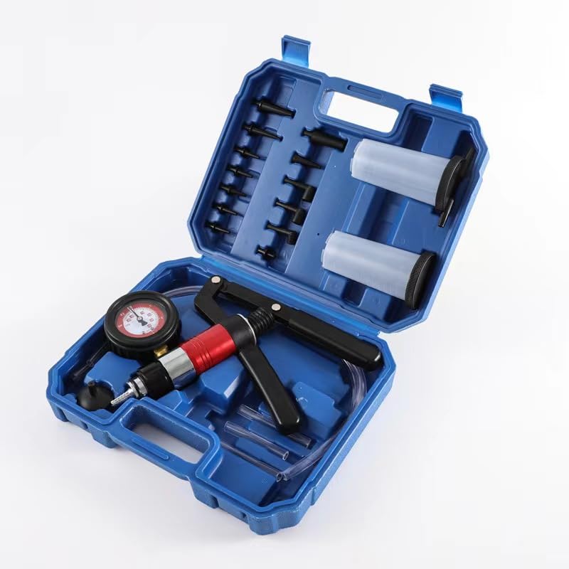 Handheld Vacuum Pump Brake Bleeder Kit, Multi-Functional Vacuum & Pressure Tester Set with Gauge, Hoses, Adapters and Fluid Reservoirs, for Automotive Brake, Clutch and Fluid Extraction ((23PC-Blue)) (23PC-Blue)