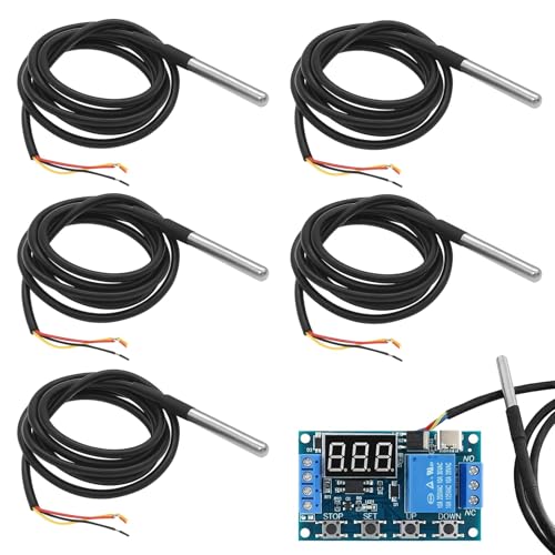Menibeuty Pack of 5 DS18B20 Temperature Sensors, 2 m Cable Waterproof Stainless Steel Probe Temperature Sensor Temperature Cable, Compatible with Arduino RB Pi Shell Addon Including E-Book (-55°C to 5 pieces 2 m