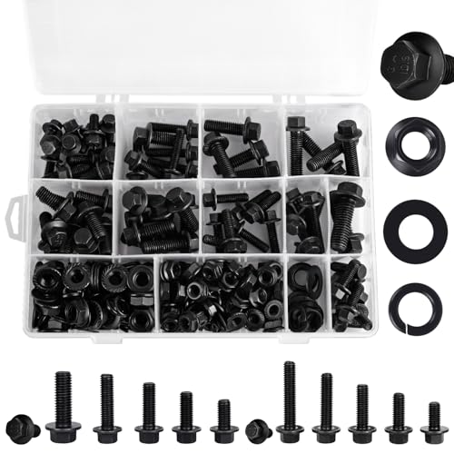 288 Pcs Metric Flange Bolt Assortment Kit, M6 M8 M10 Hex Flange Bolts with Nuts and Washers (12mm to 30mm), 10.9 Grade Black Zinc Alloy Steel, for Automotive, Machinery, and DIY Projects