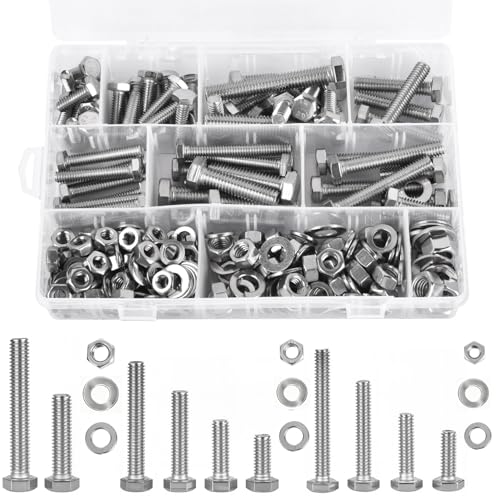 260 Pcs SAE Bolts and Nuts Assortment Kit, 1/4-20, 5/16-18, 3/8-16 Hex Machine Screws with Nuts & Washers, 304 Stainless Steel, Rust-Resistant for Indoor & Outdoor Use with Storage Case