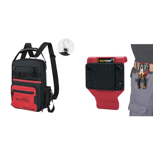MELOTOUGH Small Tool Backpack for Men 30 Multi-Storage Pockets Heavy Duty Tool Bag Backpack, Magnetic Tool Holder, N48 Strong Magnetic Belt Clip (Red)