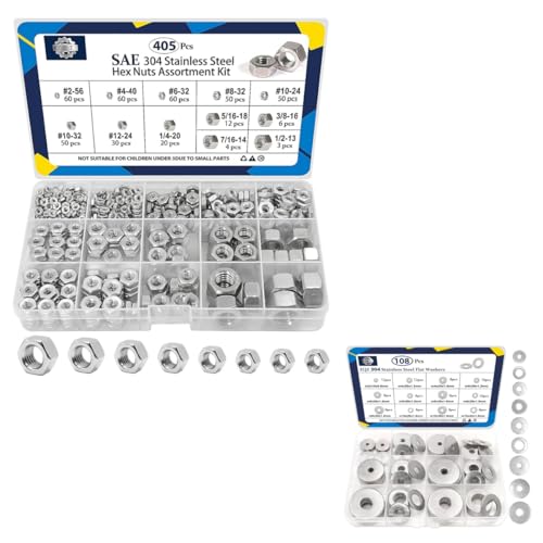 ZQZ 405 Pcs SAE Hex Nuts Assortment Kit + ZQZ 108Pcs Flat Washers, 304 Stainless Steel