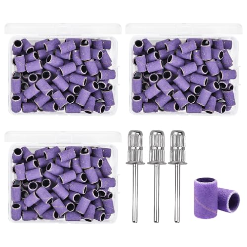 Pack of 300 Sanding Caps Nail Cutter Sanding Sleeves Nail Cutter Attachments 180 Grit Purple Suitable for Cleaning Cuticles Polishing Shapes Shortening Smoothing Nails with 3 Pieces Ball Bearings