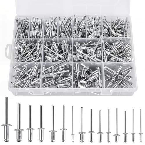 Aluminum Pop Rivets Assortment Kit for Metal, Wood, PVC, Automotive & DIY Projects,3/32" 1/8" 5/32" 3/16" 1/4" Blind Rivets Set with Dome Head - 600 Pcs 15 Sizes, Remaches Para Metal