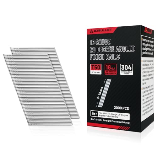 16 Gauge 2-Inch (50mm) 20-Degree Stainless Steel Angled Finish Nails - No Rust for Siding & Trim (2000 PCS) 1 BOX 2" Length