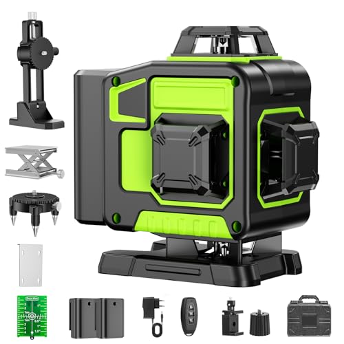 16 Line Laser Level 360 Self Leveling, 4x360°Professional 4D Green Cross Line laser Level with 2 Batteries & Remote Control, for Tiling Floor Construction and Picture Hanging