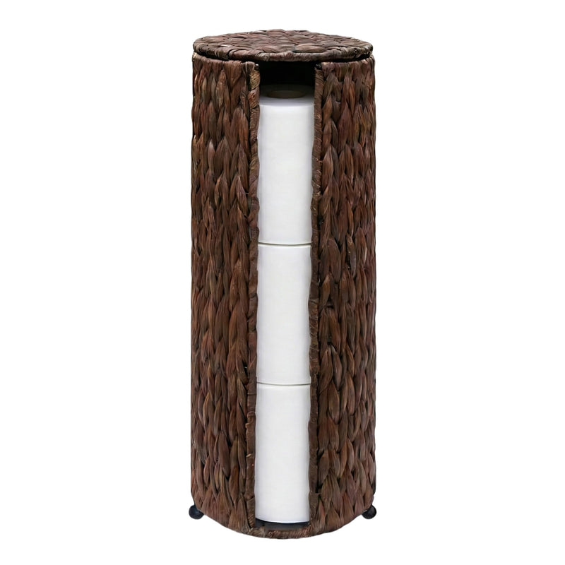 PINXIURY Water Hyacinth Paper Roll Holder, Wicker Toilet Paper Holder Stand for Bathroom, Toilet Roll Holder Stand for Bathroom and Under Sink, 3 Rolls of Toilet Paper Storage, Coffee
