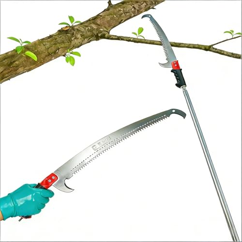 11-foot lightweight manual pruning saw with integrated telescopic pole, stainless steel blade, no assembly required. Long-reach pruning saw suitable for yards, gardens, patios, and forestry work. 11.3FT