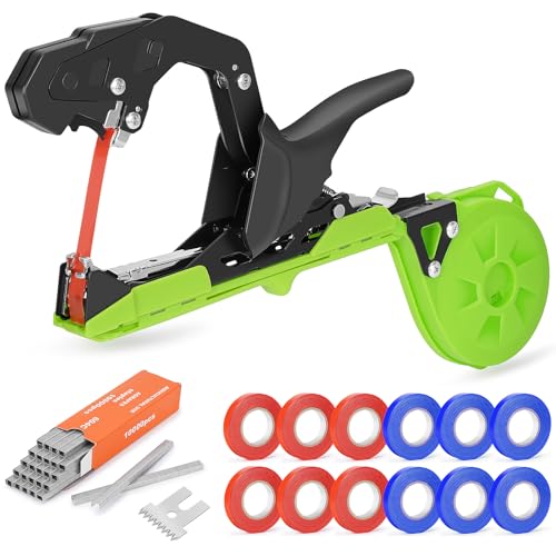 Upgraded Plant Tying Machine Gun, Lightweight Garden Tapener Tool with SK5 Blade for Tomatoes Grapes Cucumbers Vegetables, Includes 12 Rolls Tapes and 1 Box 10000pcs Staples（Green