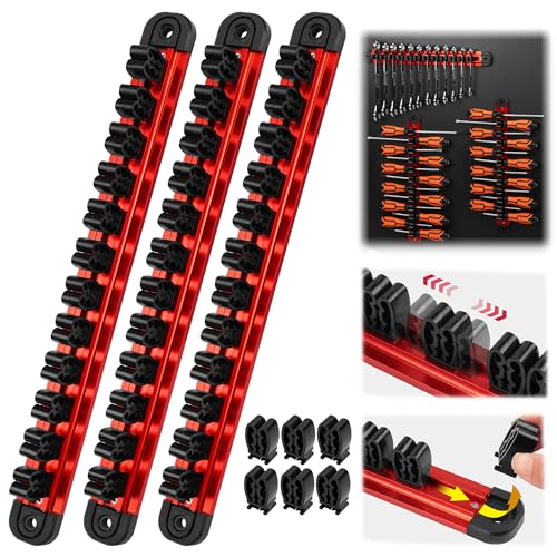 3-Piece Magnetic Screwdriver Organizer and Wrench Organizer, 42-Slot Screwdriver and Wrench Holder, Magnetic Aluminum Rail Tool Organizer for Tool Box Drawer Wall-Mount Storage,Red(Tools not Included) 3-Pack Red (42-Slot) Pro Set