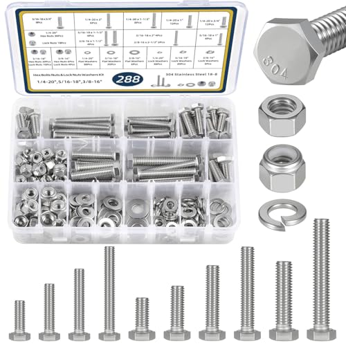 288Pcs Hex Bolts and Nuts Assortment Kit,1/4-20,5/16-18,3/8-16 Assorted Bolts Hex Nus,Lock Nuts,Washers 304 Stainless Steel