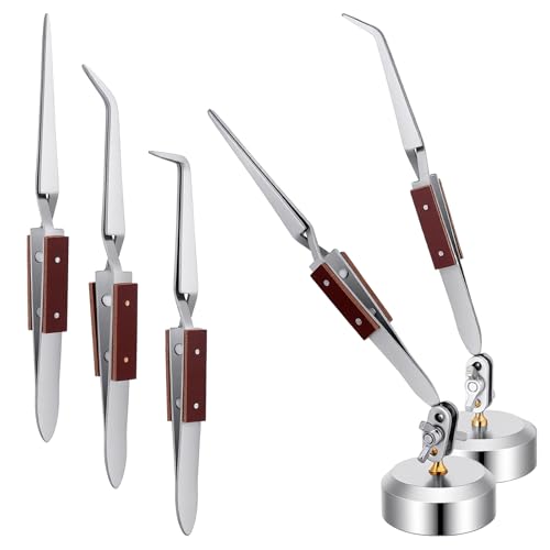 5 Pcs Soldering Tweezers Set, 3 Pcs Cross Lock Solder Tweezer+2 Pcs Jewelry Third Hand Tools with Base 360 Degree Rotation Round Base for Jewelers Jewelry Making Welding