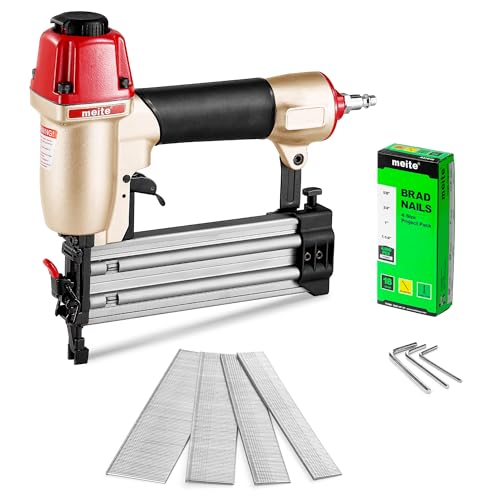 meite F50C Pneumatic Brad Nailer Kit Includes 4,000 Pcs 18 Gauge Brad Nails Assorted 4 Sizes (5/8", 3/4", 1", 1-1/4 Inch), Ideal for Trim Work, Furniture Building & Finish Applications