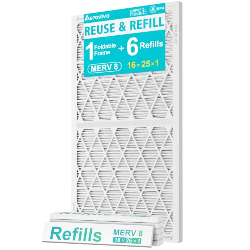 Refillable 16x25x1 Air Filter MERV 8, Reusable Frame & 6 Refills 16" x 25" x 1"