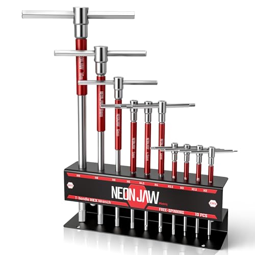 10pcs T-Handle Hex Allen Key Wrench Set 10mm 8mm 6mm 5mm 4.5mm 4mm 3.5mm 3mm 2.5mm 2mm with 3-Way Sliding Handle, Spinning Sleeve, Steel Storage Rack for DIY, Mechanics, Red t handle Hex allen wrench set