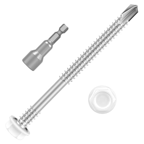 #14 x 5 (30 PCS) White Head Sheet Metal Screws, Hex Washer Head Self Drilling Screw, Flanged Fast Self Tapping Screws, Hex Bit Socket Included #14 x 5"