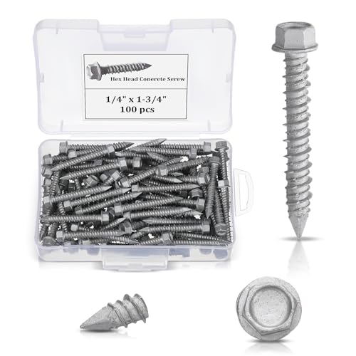 Tandefio 100 Pcs 1/4" x 1-3/4" 410 Stainless Steel Hex Concrete Anchor Screws Diamond Point Salt Fog Zinc Plated Silver Heavy Duty Anchors for Masonry Block Brick 1-3/4"