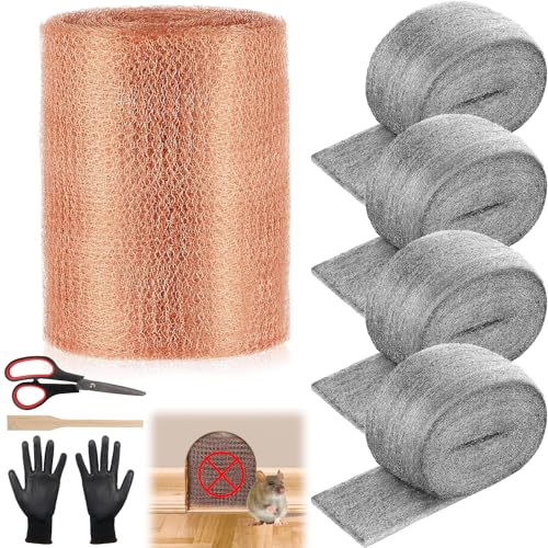 Steel Wool Mice Control - 4 Pack 3" x11 Ft Steel Wool 0000 & 1 Pack Wire Mesh with Wooden Stick & Gloves & Scissors, Upgrade 2in1 Match Mouse Hole Filler DIY Kit, Rodent Barrier Kit for House Garden