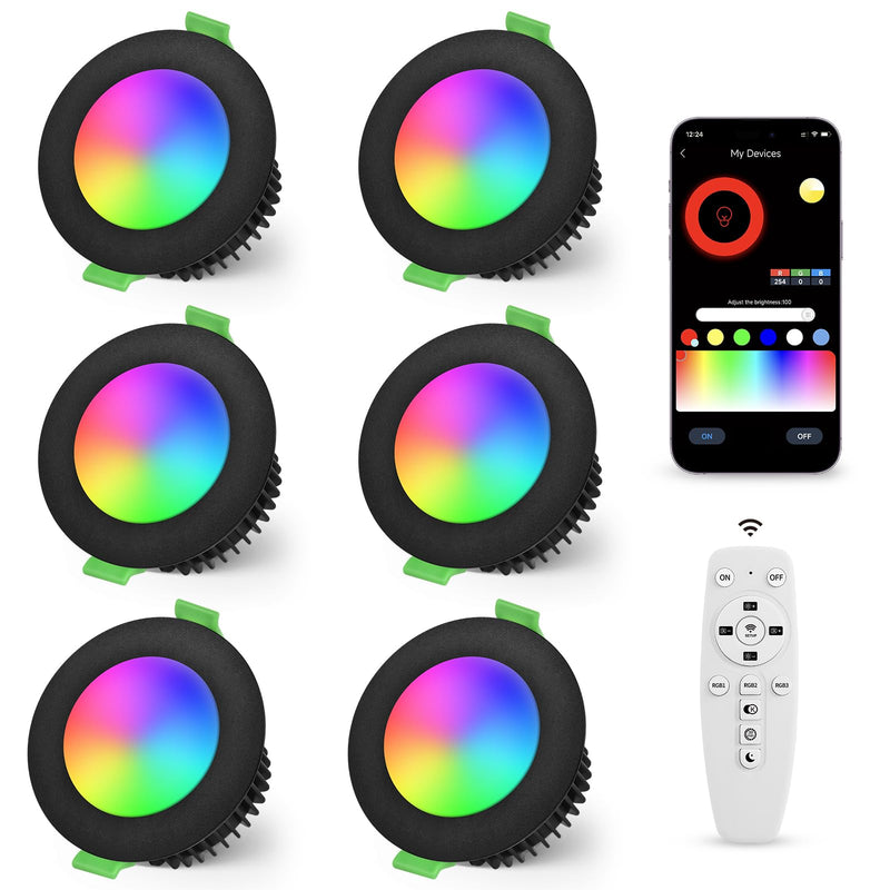 YindaLux 5 W LED Recessed Spotlight, 230 V RGB, Pack of 6 LED Spotlights, Warm to Cool White, 2700 K - 6500 K, Dimmable Control with App and Remote Control, Drill Hole 65-80 mm, IP44 Bluetooth | 5W 500LM Deckenspots IP44 Möbeleinbauleuchte mit App & Fe...