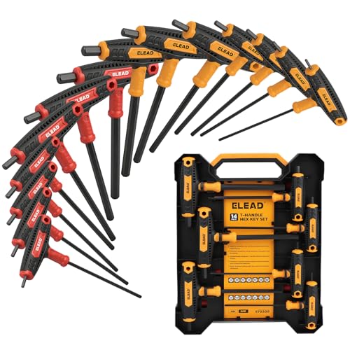 ELEAD 14-Piece T-handle Allen Wrench Set, Metric 2.5mm-10mm & SAE 1/8"-3/8" Portable Hex Key, Long Arm Allen Key Set with Storage Box for Basic Home Repair and Mechanical Maintenance T-Handle Version