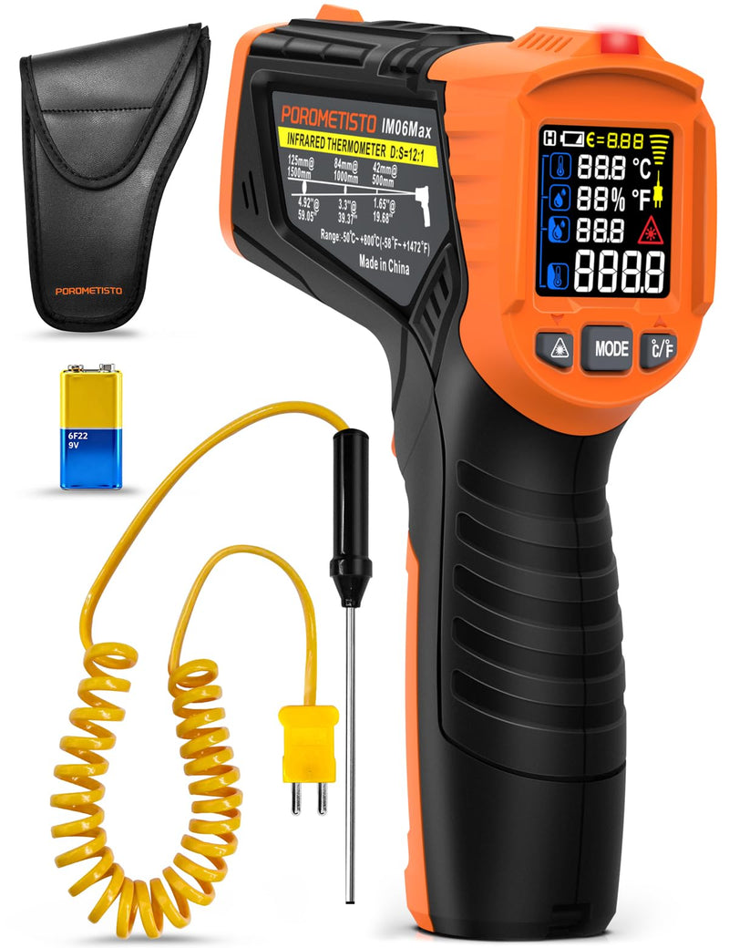 4 in 1 Temperature Gun POROMETISTO 4 Types of Alarm Setting,-58-1472°F Measure Infrared/Ambient Temperature Humidity Infrared Thermometers,Industrial Laser Thermometer Gun with K-Type Probe