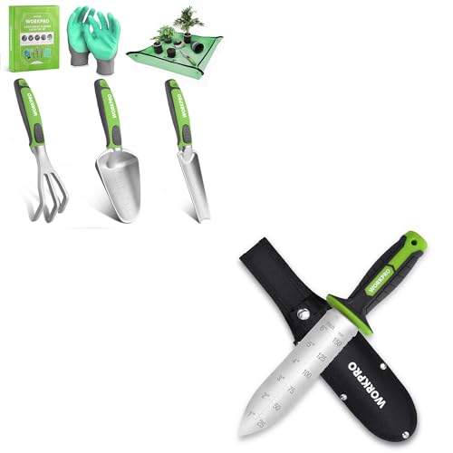 WORKPRO 5PCS Garden Tool Set with Hori Hori Garden Knife Set, Gardening Tool Set with Repotting Mat, 7" Stainless Steel Blade with Cutting Edge, Ideal Gardening Gift