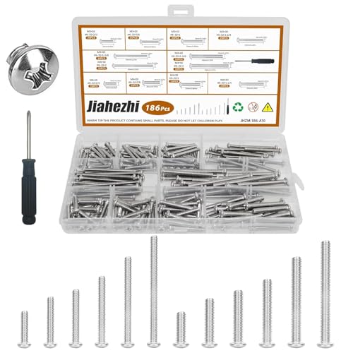 186 Pcs M3 M4 Machine Screw Assortment Kit, 304 Stainless Steel Phillips Pan Head Metric Screws Bolts with Screwdriver for 3D Printer, Electrical Panel, Wall Plate, Outlet Cover