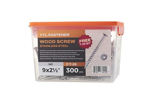 316 Stainless Steel Screws #9x2-1/2, Self Tapping Wood Screws with Torx T25 Star Drive, Type 17 Slot Point, 1 Free Bit Included (Natural, 300), by YYL FASTENER