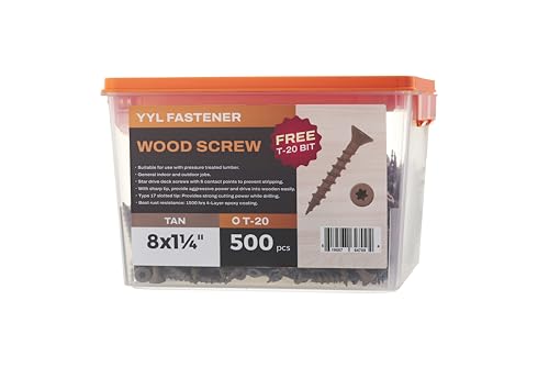 Wood Screws #8x1-1/4, Self Tapping Wood Screws with Torx T20 Star Drive, Type 17 Slot Point, 1 Free Bit Included (Tan, 500), by YYL FASTENER