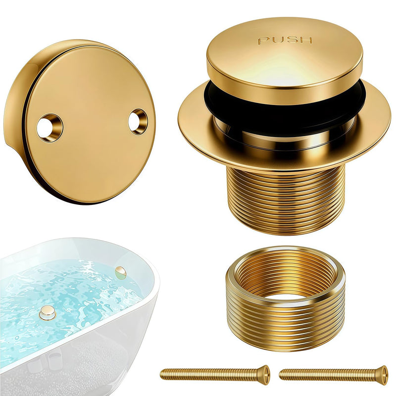 Tub Drain Tip-Toe Trim Set with Two-Hole Overflow Faceplate,Bath Tub Drains Conversion Kit with Universal Fine/Coarse Thread,Brushed Gold Replacement Bathtub Drain Stopper Assembly