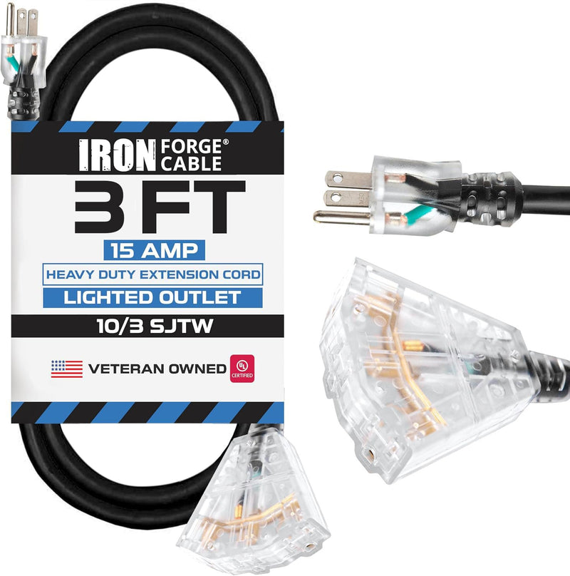 Iron Forge Cable 3 ft Lighted 10 Gauge Extension Cord 3 Outlets - Heavy Duty Extension Cord Outdoor with Multiple Outlets 15 AMP, 10/3 Black Power Cable SJTW Weatherproof 3 Prong Grounded Plug 3 Foot