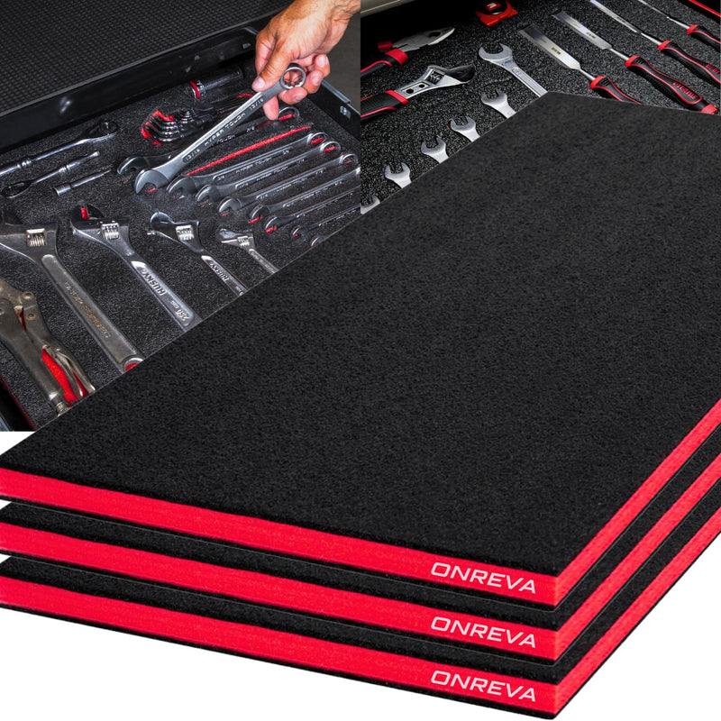 ONREVA Tool Box Foam 24x18x1 inch 3Pack, Foam Inserts for Cases, Polyethylene Storage Sheets for Toolbox Hard Case, Tool Shadow Insert, Kaizen Organizer Sheet, Black with Red