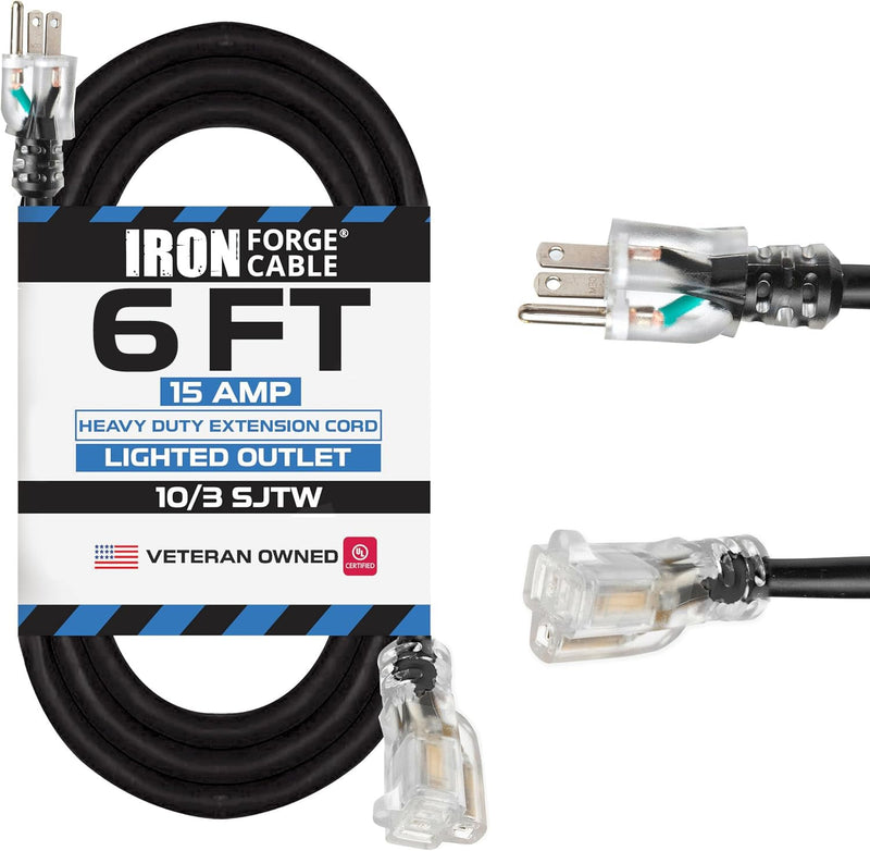 Iron Forge Cable Lighted Heavy Duty Extension Cord 6 ft - 10 Gauge Outdoor Extension Cord 15 AMP, 10/3 Black Power Cable SJTW Weatherproof with 3 Prong 6 Foot