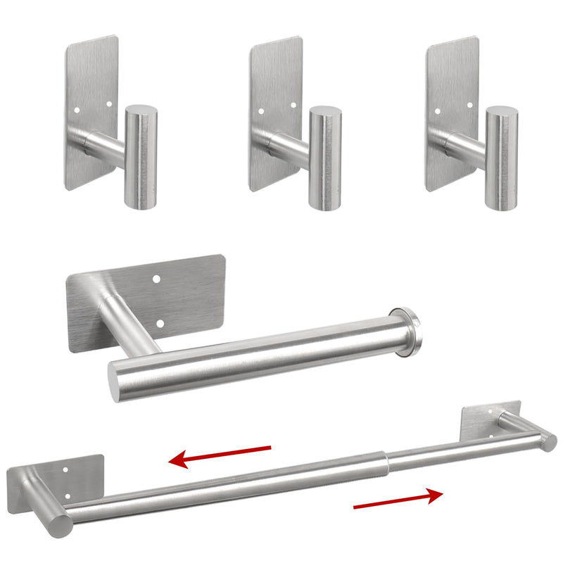 5 Pcs Self Adhesive Bathroom Hardware Set, Stainless Steel Towel Rack Set Include Adjustable 24In Bath Towel Bar+Toilet Paper Holder+3 Towel/Robe Hooks Bathroom Accessory Kit(Brushed Nickel) Brushed Nickel 24 In-5 Pcs