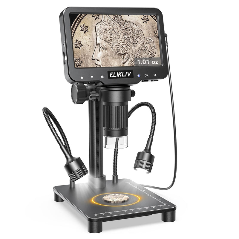Elikliv Microscope with Weighing Scale, Digital Magnifier for Error Coins, Jewelry Magnifying Glass with Lights, 4.3" LCD Screen 12MP Camera 1080P Video USB PC View for Adults Collectors Supplies Black
