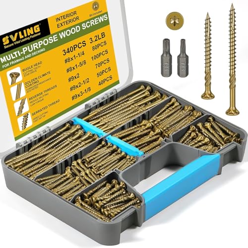 340Pcs Multi-Purpose Wood Deck Screw Kit,#8#9 Bugle Head for Interior and Exterior Use,Star Drive Torx Golden Coated with T15/T25 Bit #8#9 Kit Gold 340