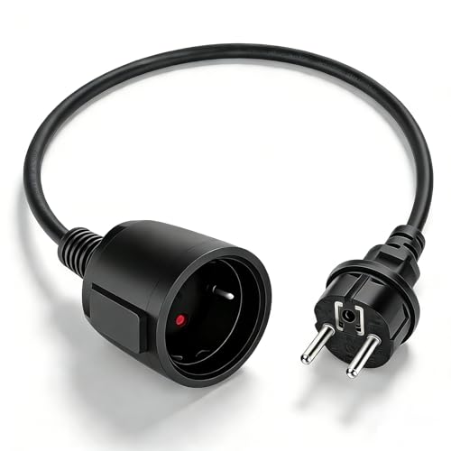 Schuko Extension Cable Short, Protective Contact Extension Cable, Black 16 A / 250 V, Power Cord Socket Extension, 3 x 1.5 mm² 16 A 250 V IP44 for Home, Office, Outdoor Use 0,3m