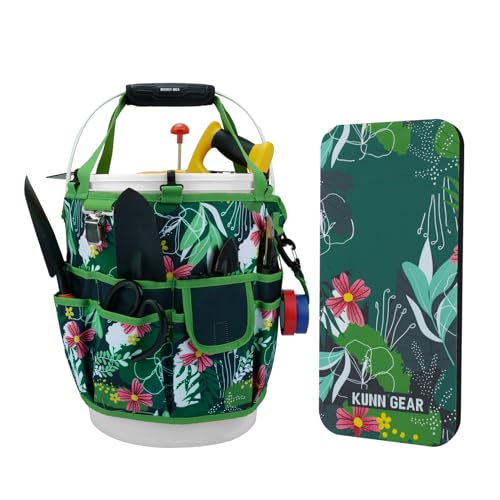 KUNN 5 Gallon Garden Bucket Tool Organizer & Kneeling Pad Set, Green Green Leaf