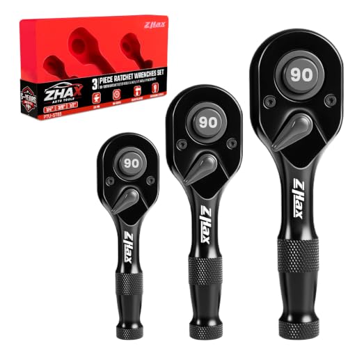 zhax 3PCS Stubby Ratchet Set, 1/4", 3/8", 1/2" Drive Mini Ratchet Wrenches 1/4", 3/8" & 1/2" Stubby Ratchets