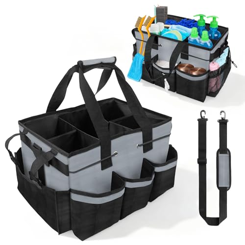ALSLEA Large Cleaning Caddy Bag 15" x 10½" x 9" Heavy-Duty Organizer Tote for Home, Housekeepers, Janitors Cleaning Caddy for Cleaning Supplies with Shoulder Strap & Multiple Pockets (Gray) Gray