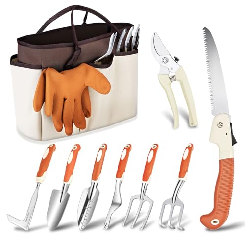 Garden Tool Set - 10 PCS Heavy Duty Stainless Steel Gardening Tools Set with Storage Bag, Gardening Kit Ideal Gardening Gifts for Women & Men, Indoor/Outdoor Use for Digging, Planting, Pruning