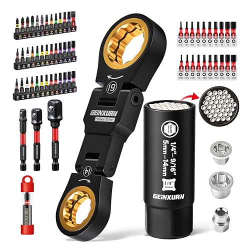 GEINXURN 68PCS Stubby Wrenches Bit Set, 72-Tooth Flex-Head Double Box End Mini Ratcheting Wrench Set Metric (10-19mm) with Screwdriver Bits, 1/4" Universal Socket for Computer, Auto & Bicycle Repair GSTRAT68